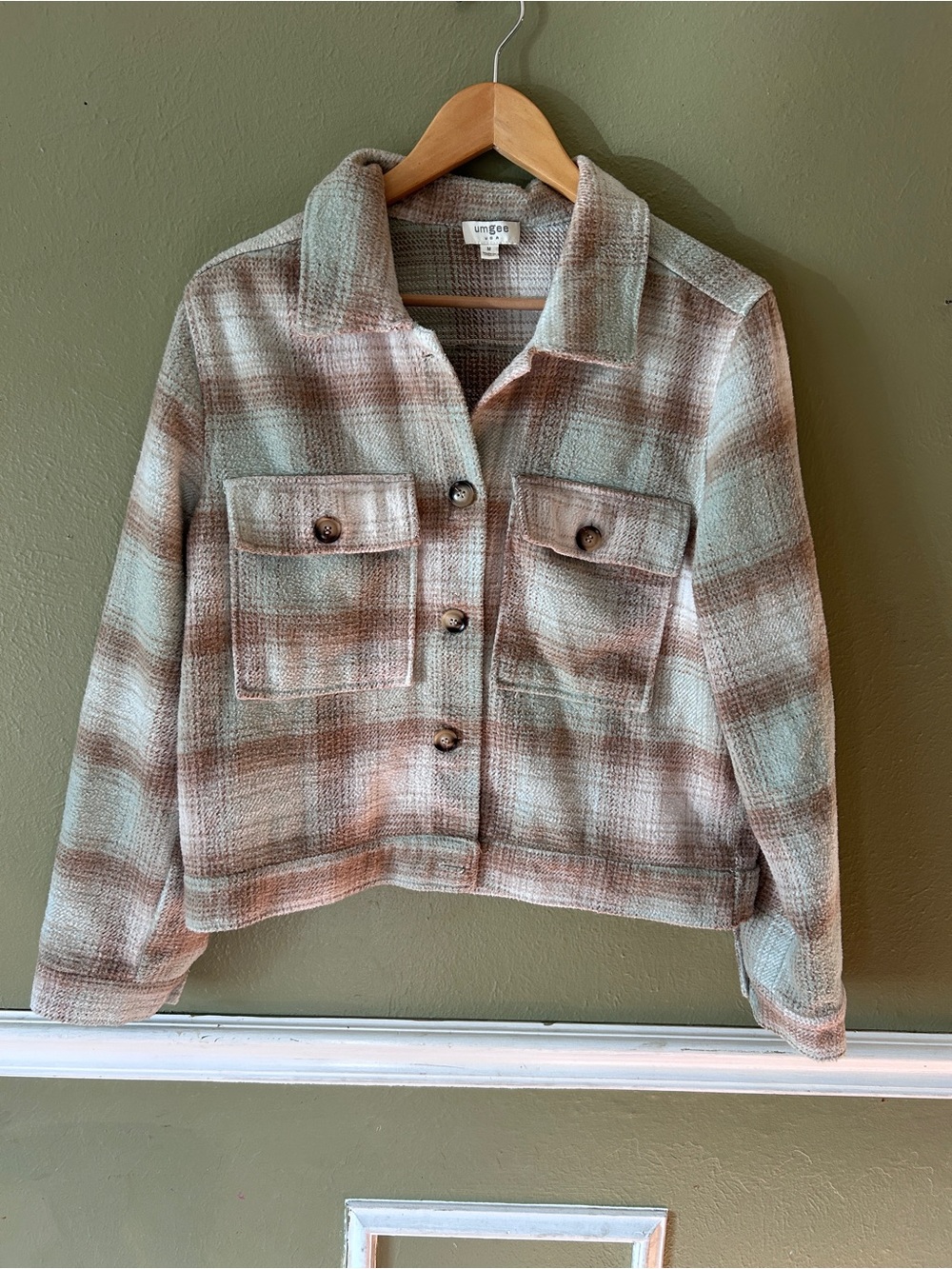 Umgee Women's Plaid Shacket Jacket Chore Coat in Sage and Brown